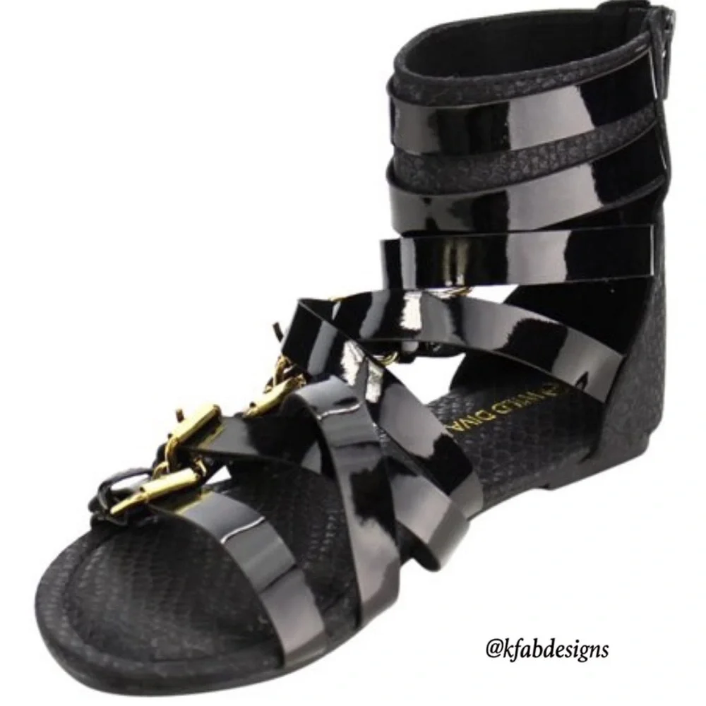 LAST 2! Strappy Black Zipper Textured Gladiator FlatSandal-Gold Tone Buckles - Picture 4 of 8